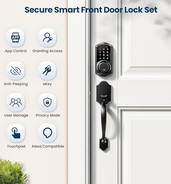 Veise VE06-H Smart Front Door Lock Set, App Control, Keyless Entry Deadbolt with Lever Handle, Electronic Digital Touchscreen Keypad, Auto Lock, Easy Install, Matte Black - Image 4