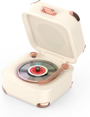Vintage Vinyl Speaker with Colorful Lights, Music Player with 3 Modes, Bluetooth Speaker for Kids Room, Home Décor, Bedroom, Compatible with Computers & Phones (White)