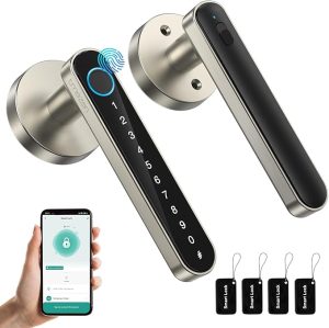 TMEZON Smart Door Lock Fingerprint, Keyless Entry Door Lock with Handle, APP/IC Cards/Codes/Keys/Fingerprints Biometric Electronic Keyless Entry Lock for Bedroom Home Hotel Office